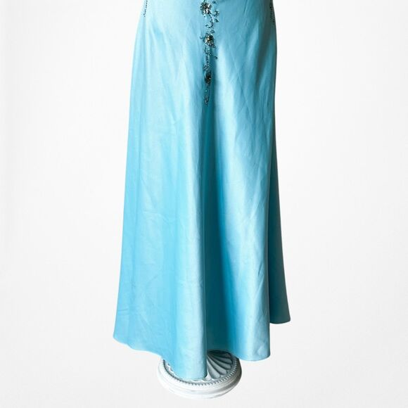 Vintage Y2K Pastel Blue Strapless Floral Beaded Satin Maxi Prom Dress Size S - Picture 8 of 14